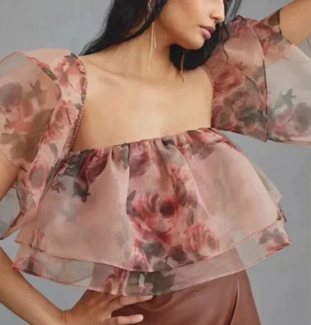DOLAN Tiered Organza Floral Ruffle Blouse Top